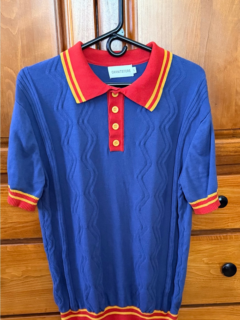 OXKNITSTORE Men's Blue Knit Polo with Red & Yellow Trim